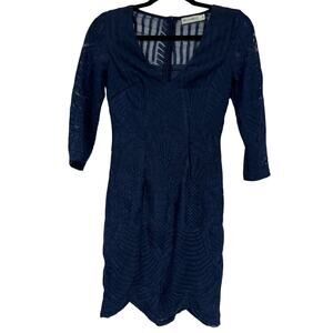 Hello Molly Blue Lace Sheath Dress Womens 6 Sheer Mini Ruffled 3/4 Sleeve Formal